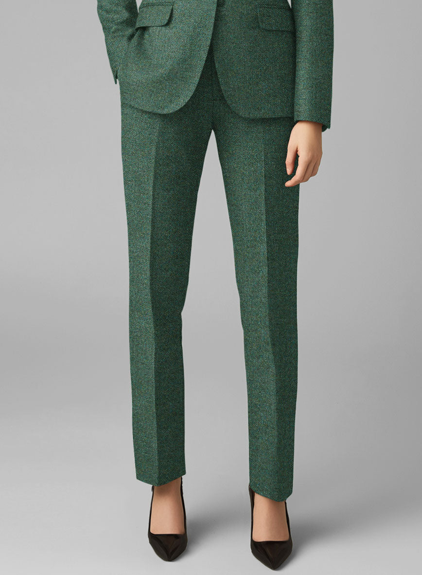 Women's Bottle Green Herringbone Tweed Pants - StudioSuits