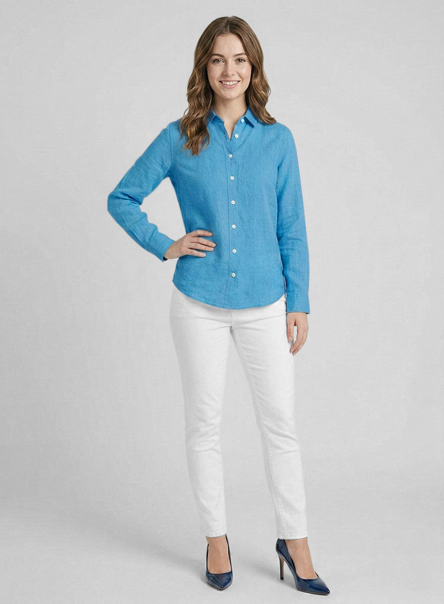 Women's European Blue Linen Shirt - StudioSuits
