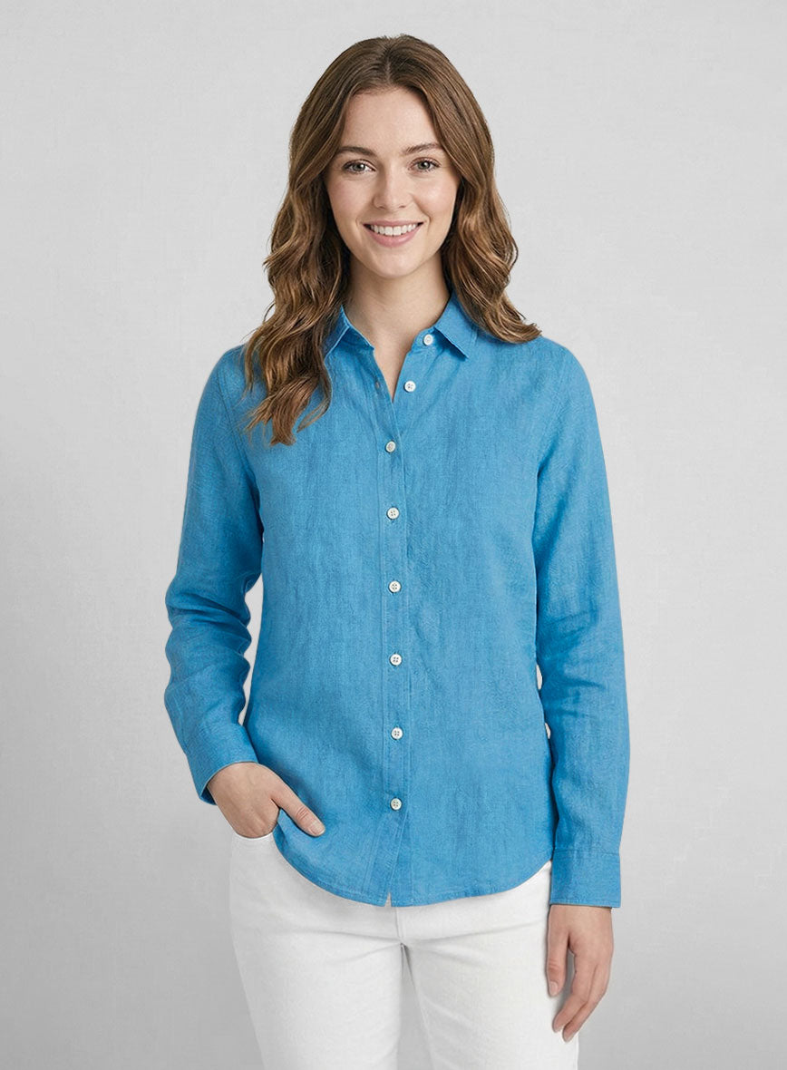 Women's European Blue Linen Shirt - StudioSuits