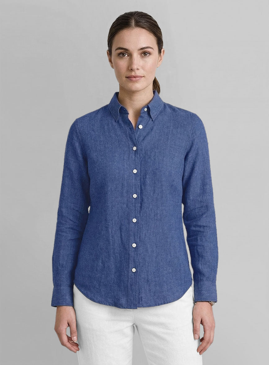 Women's European Cruise Blue Linen Shirt - StudioSuits