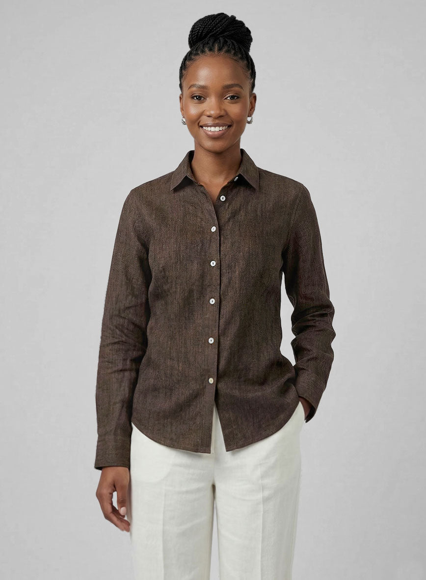 Women's European Dark Brown Linen Shirt - StudioSuits