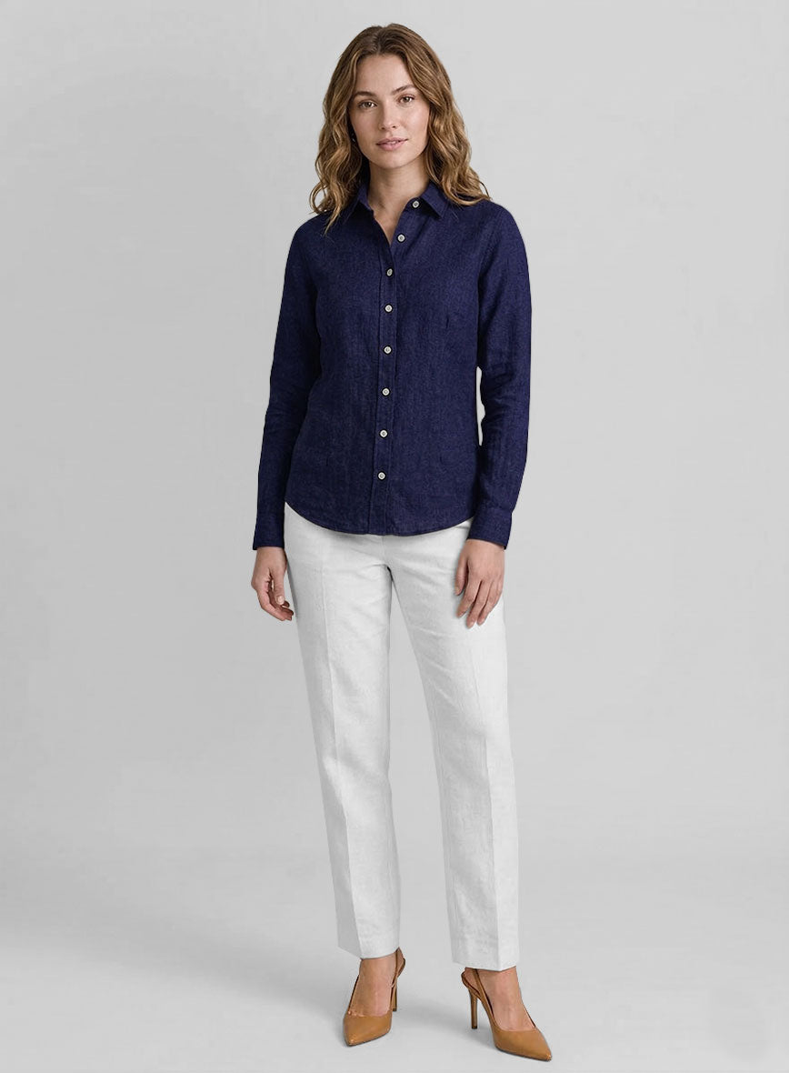 Women's European Indigo Blue Linen Shirt - StudioSuits