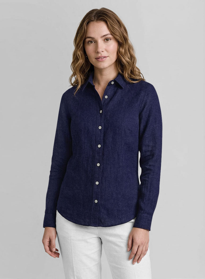 Women's European Indigo Blue Linen Shirt - StudioSuits