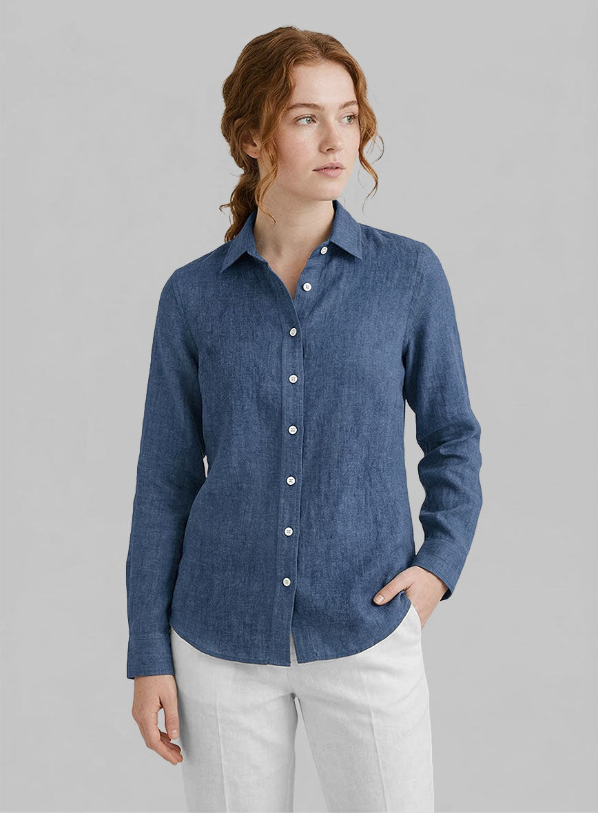 Women's European Nile Blue Linen Shirt - StudioSuits