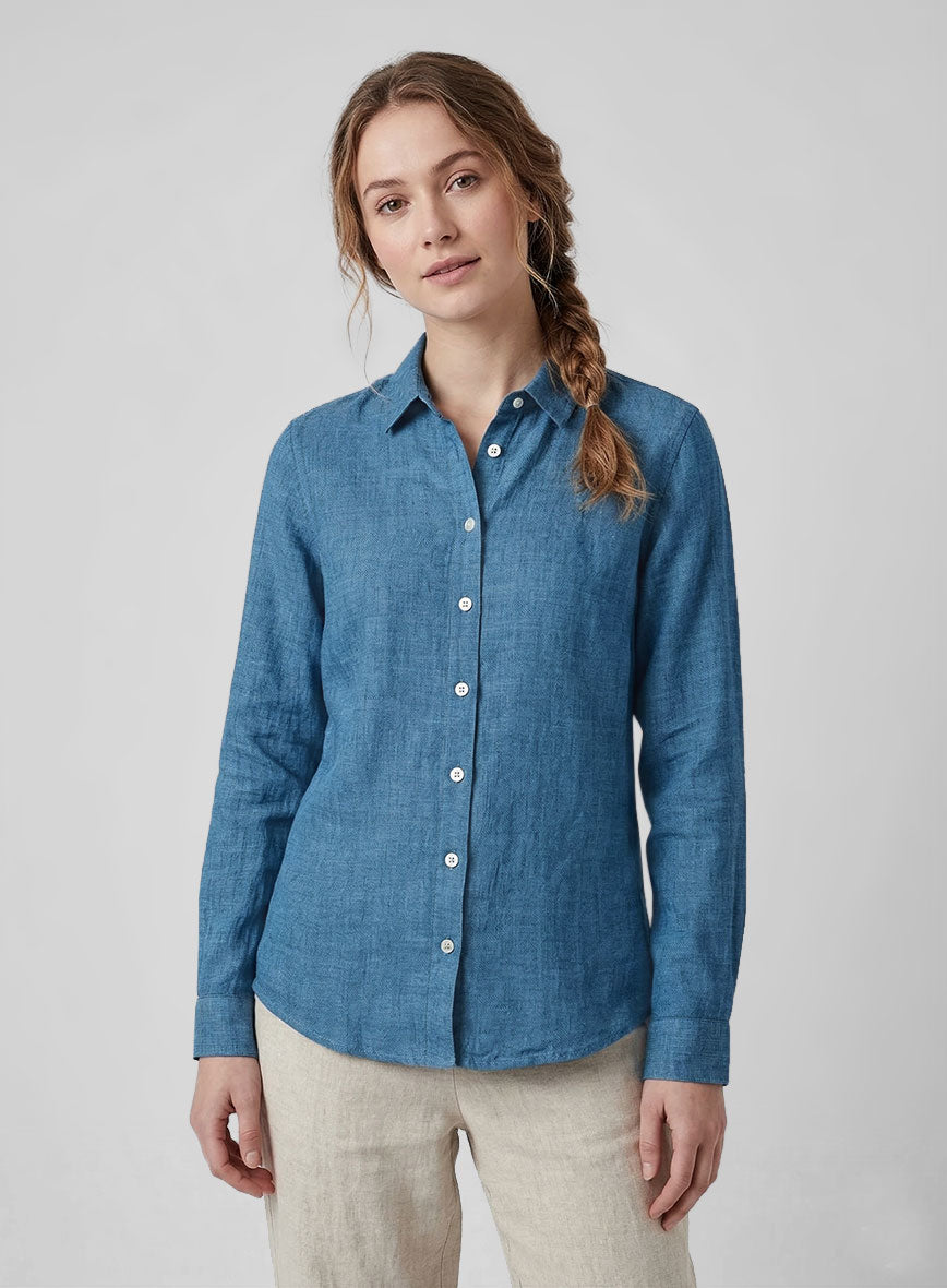 Women's European Phthalo Blue Linen Shirt - StudioSuits