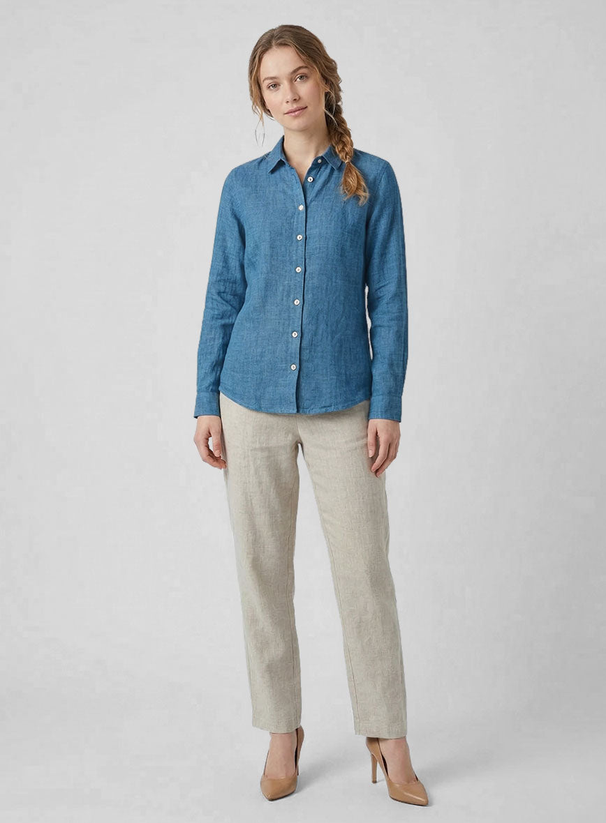Women's European Phthalo Blue Linen Shirt - StudioSuits
