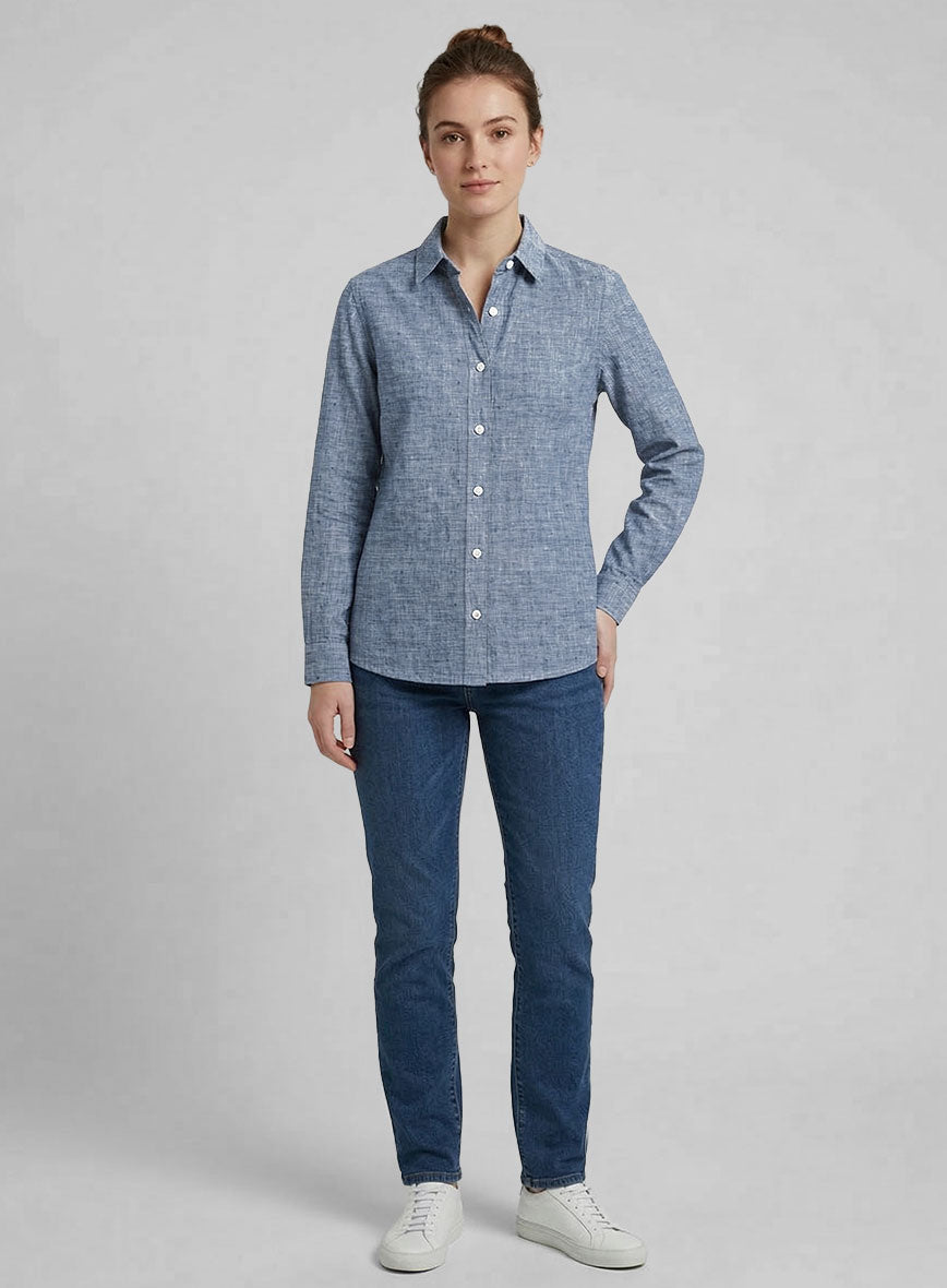 Women's European Smalt Blue Linen Shirt - StudioSuits