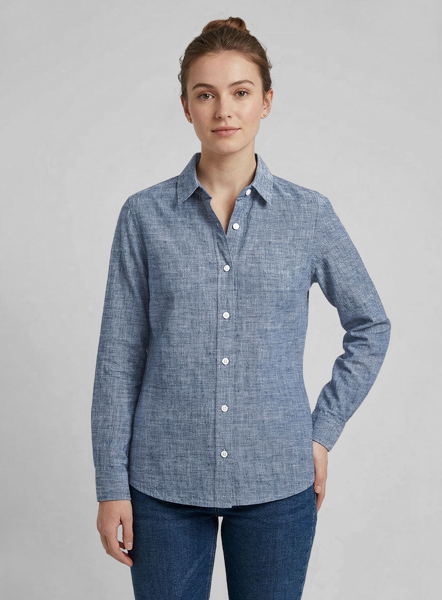 Women's European Smalt Blue Linen Shirt - StudioSuits