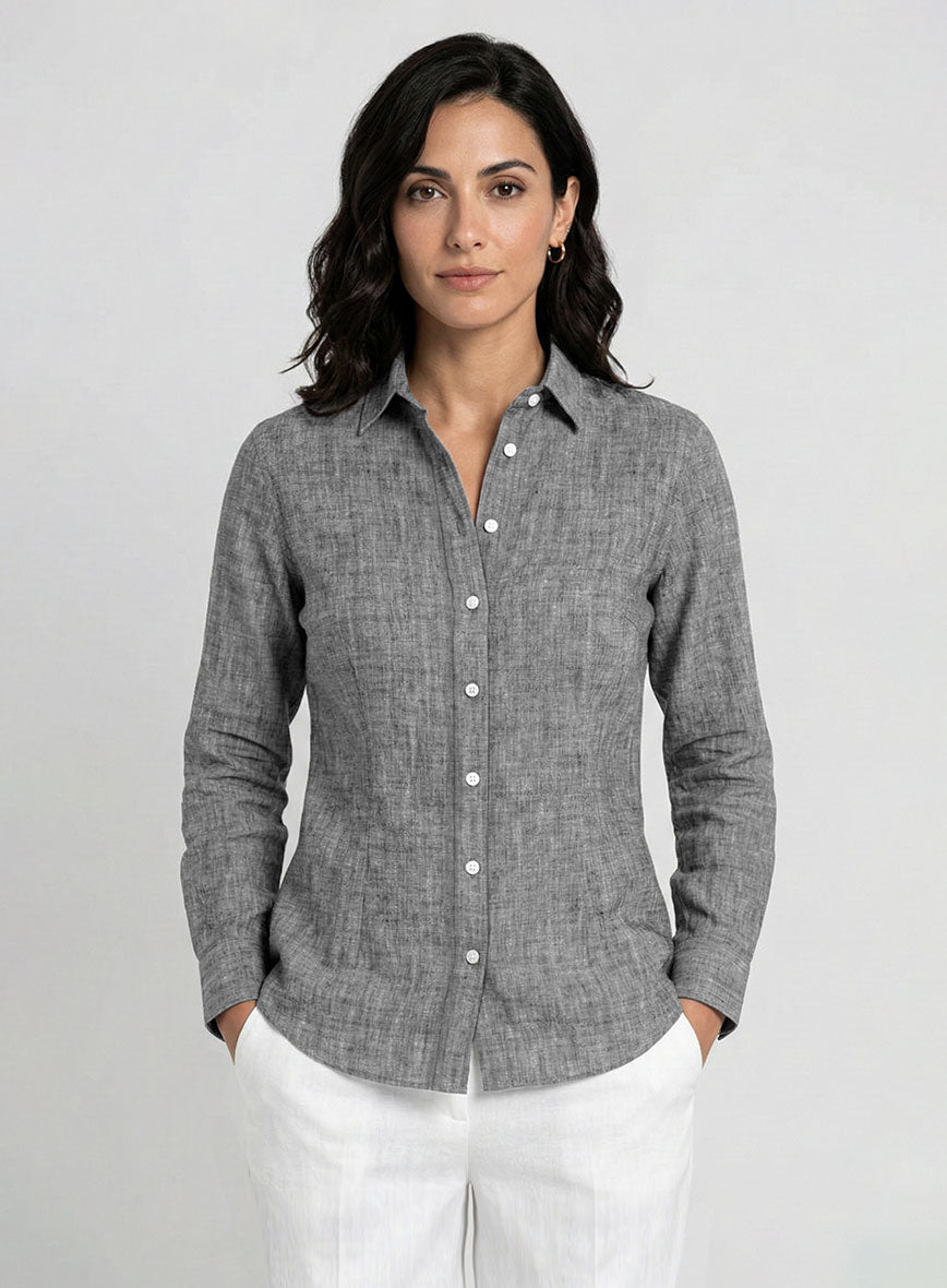 Women's European Smoky Black Linen Shirt - StudioSuits