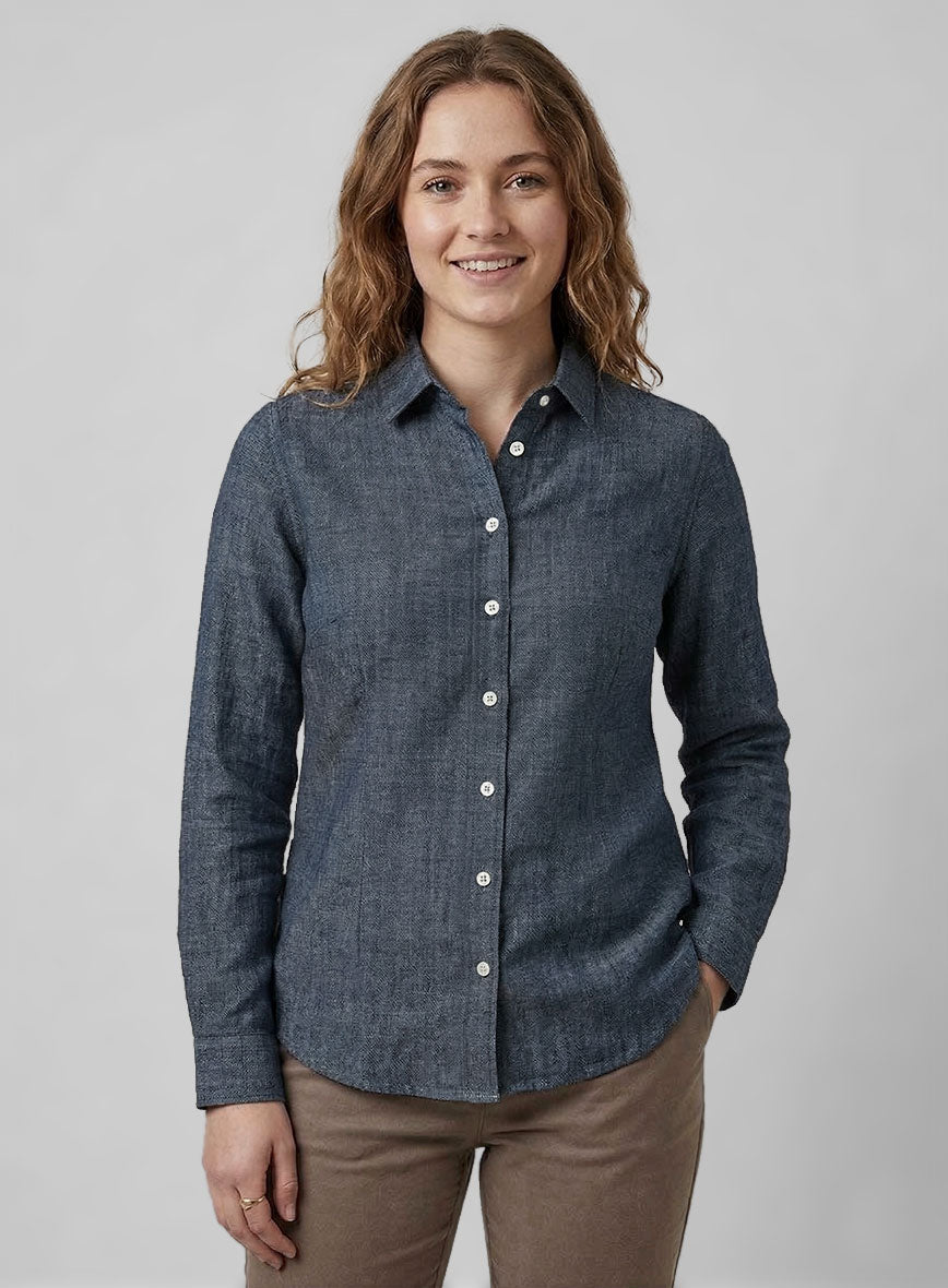 Women's European Whale Blue Linen Shirt - StudioSuits