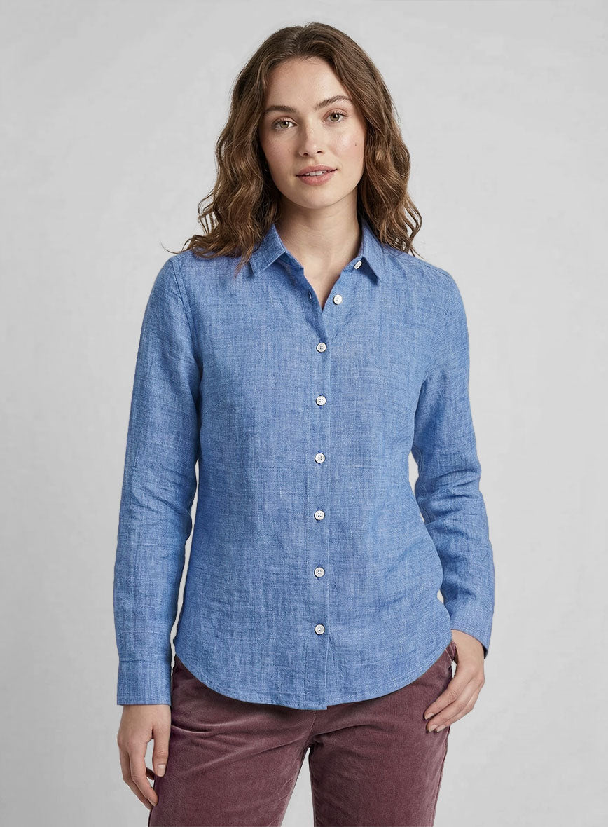 Women's European Jordy Blue Linen Shirt - StudioSuits