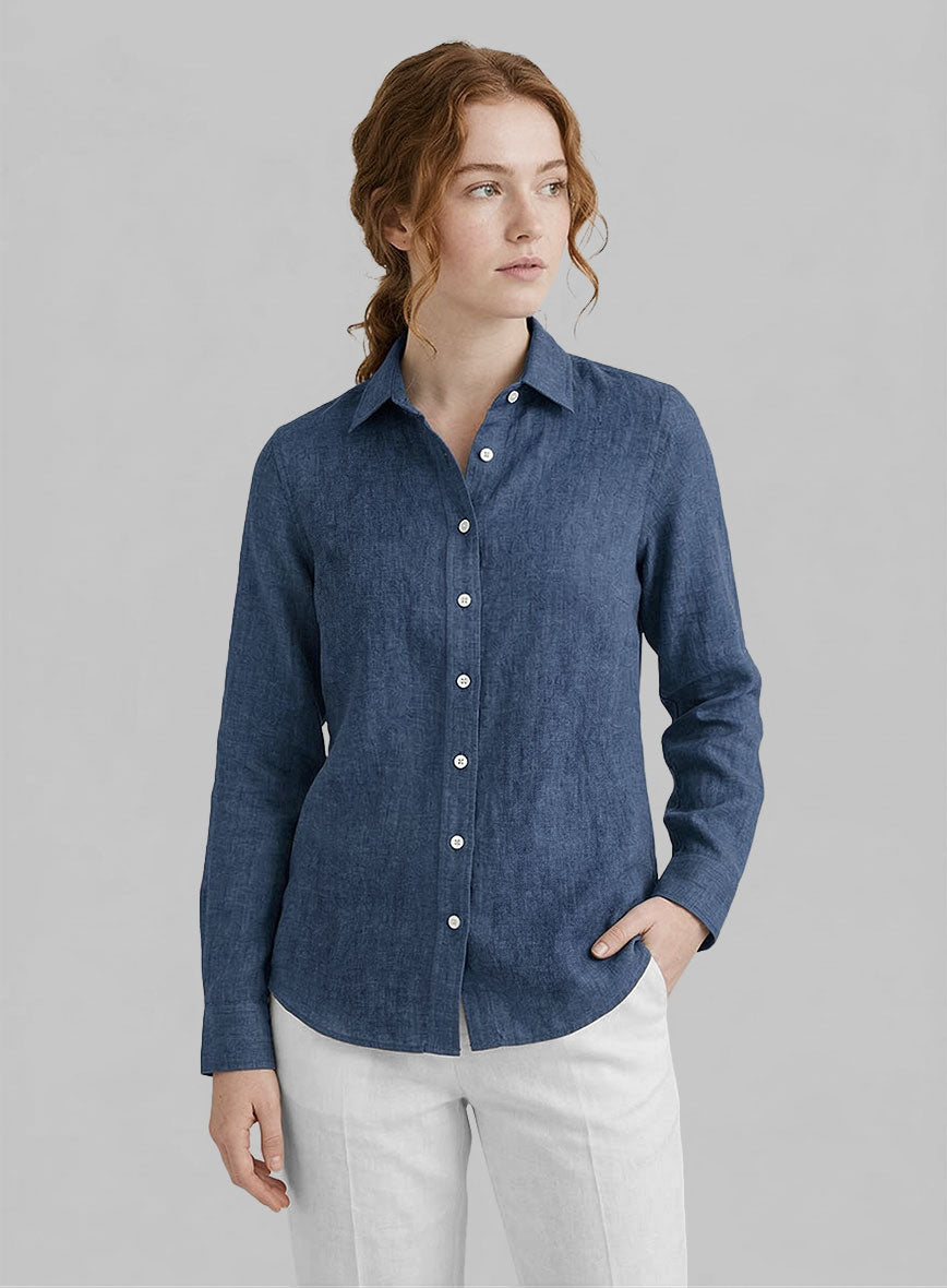 Women's European Nile Blue Linen Shirt - StudioSuits