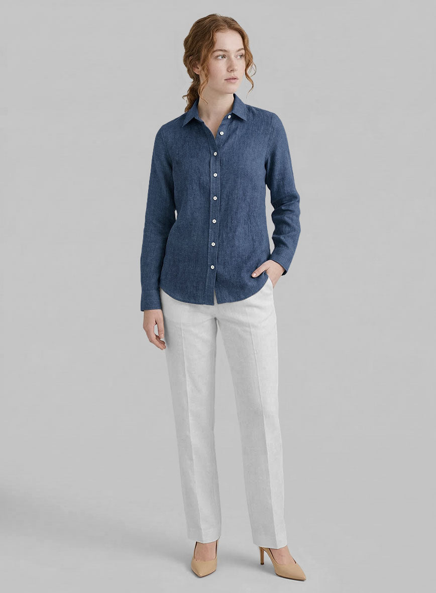 Women's European Nile Blue Linen Shirt - StudioSuits