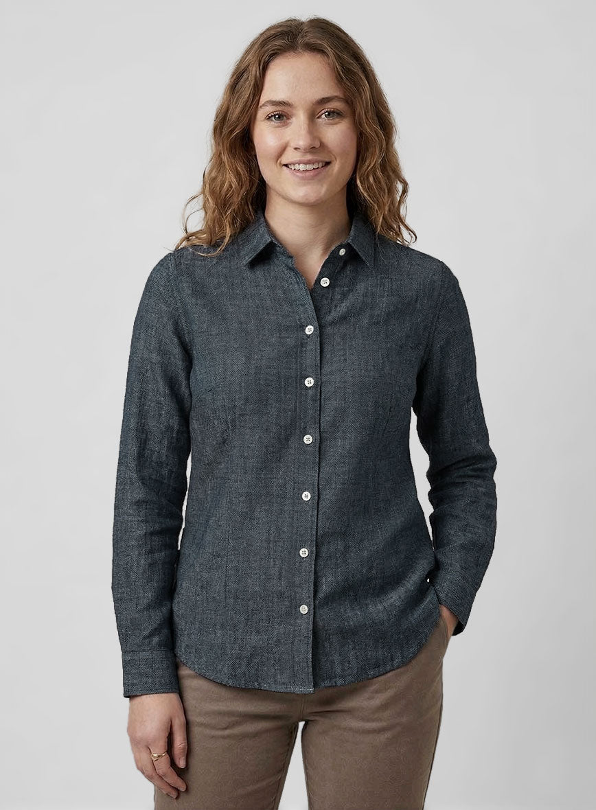 Women's European Whale Blue Linen Shirt - StudioSuits