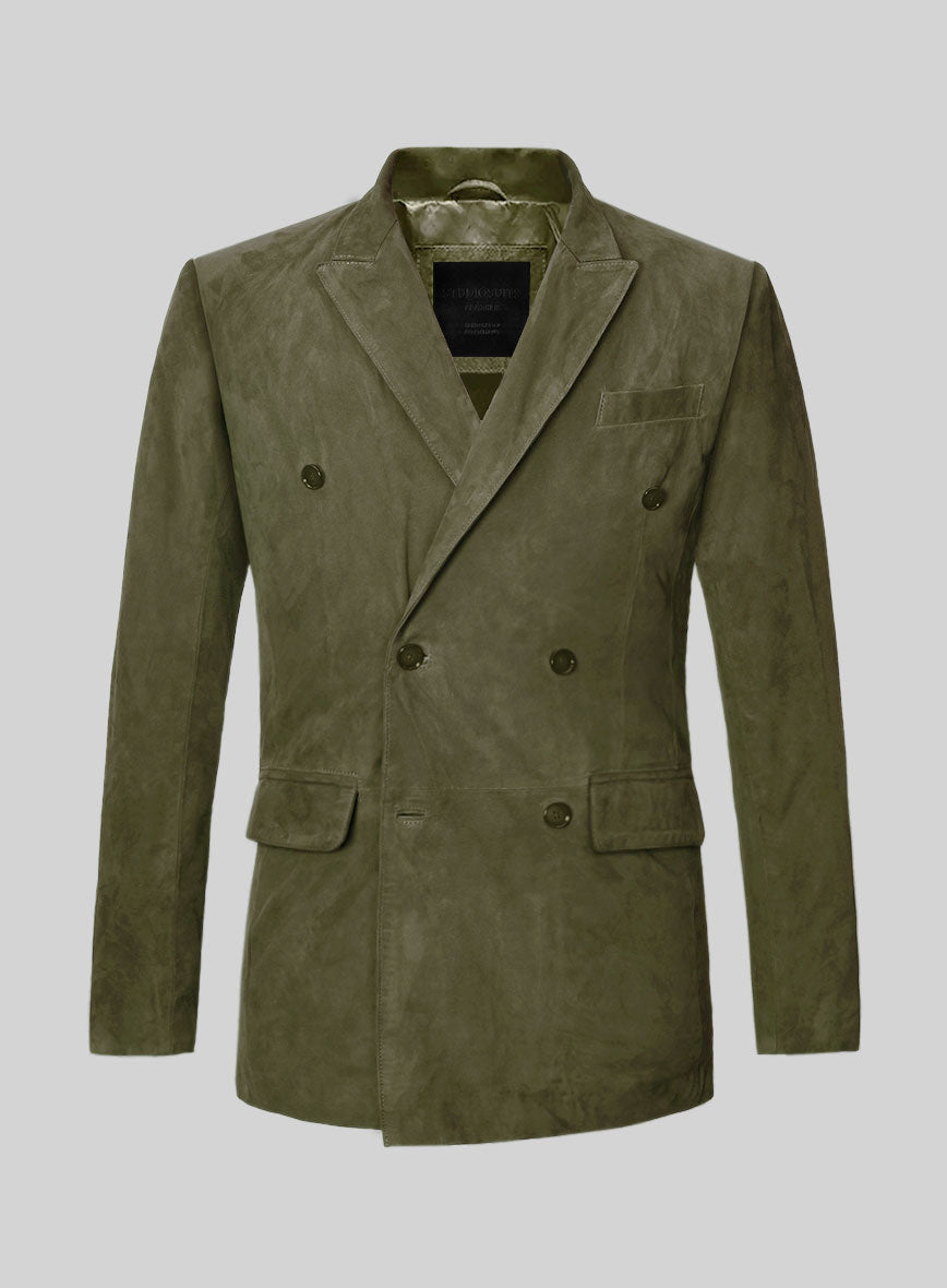 Woodland Green Suede Double Breasted Leather Blazer - StudioSuits