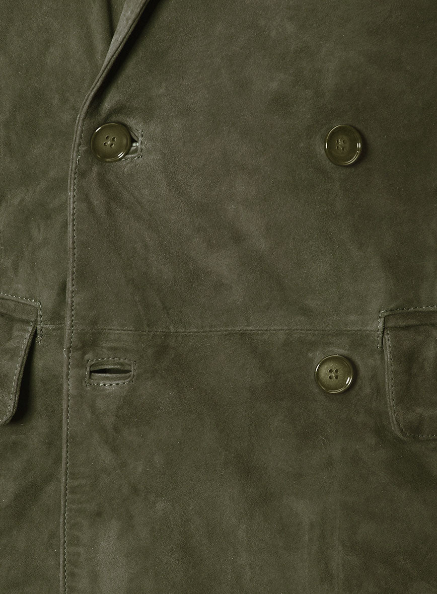 Woodland Green Suede Double Breasted Leather Blazer - StudioSuits