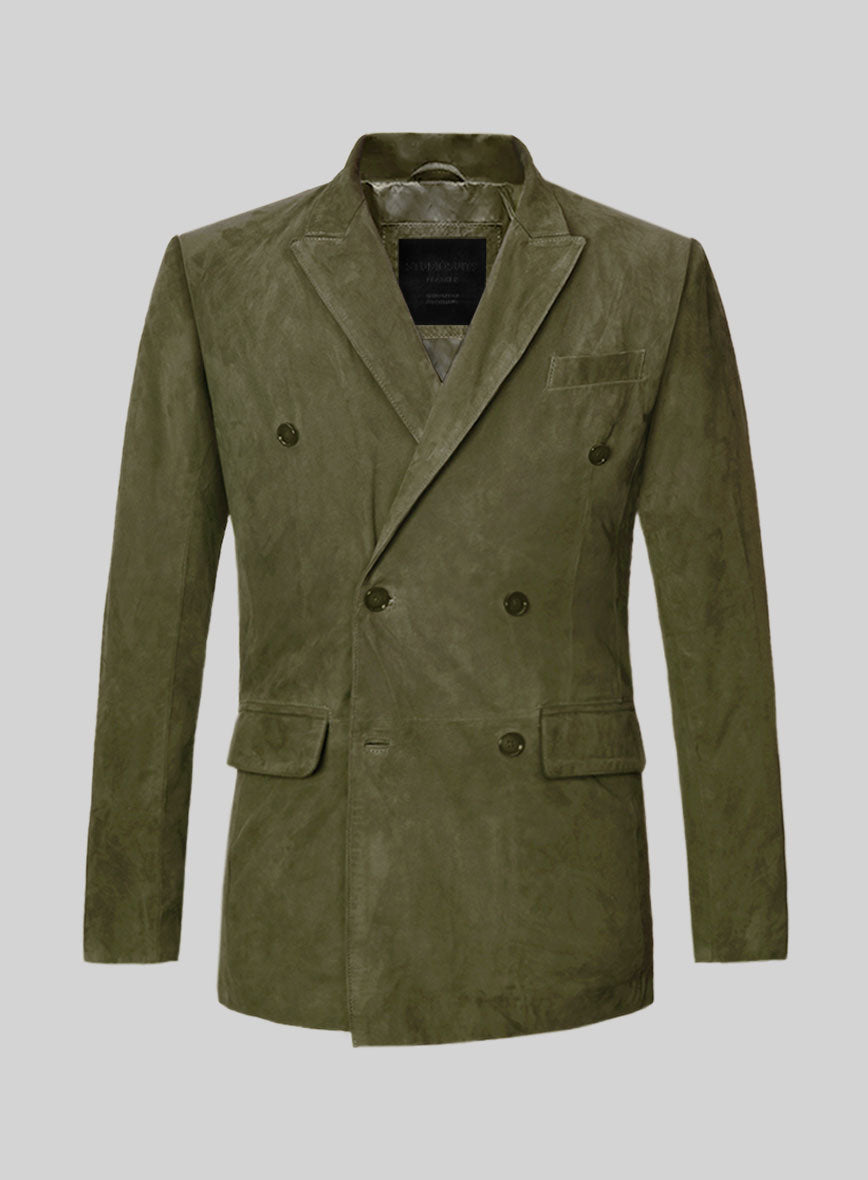 Woodland Green Suede Double Breasted Leather Blazer - StudioSuits