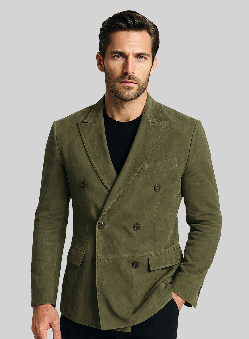 Woodland Green Suede Double Breasted Leather Blazer - StudioSuits