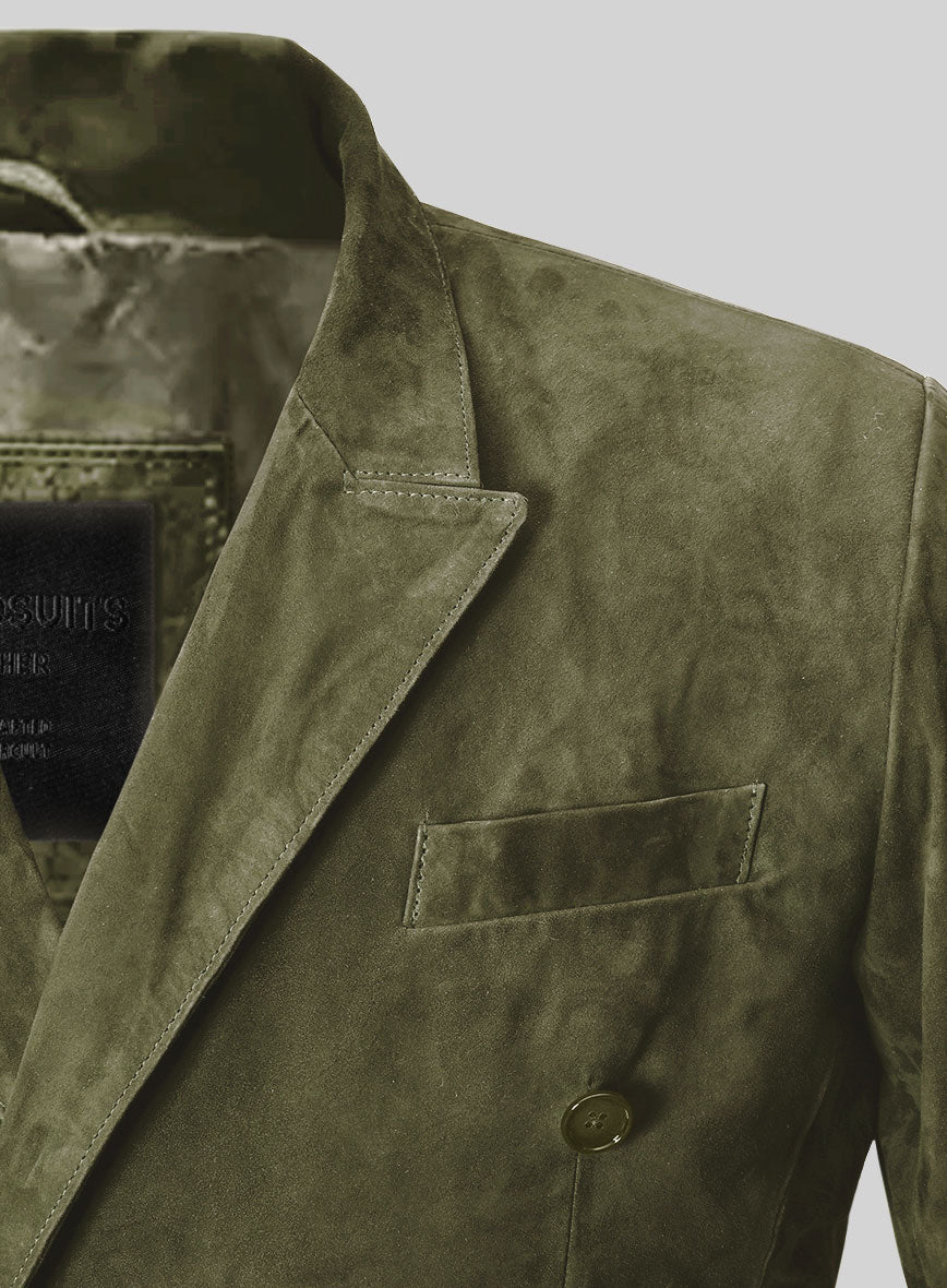 Woodland Green Suede Double Breasted Leather Blazer - StudioSuits