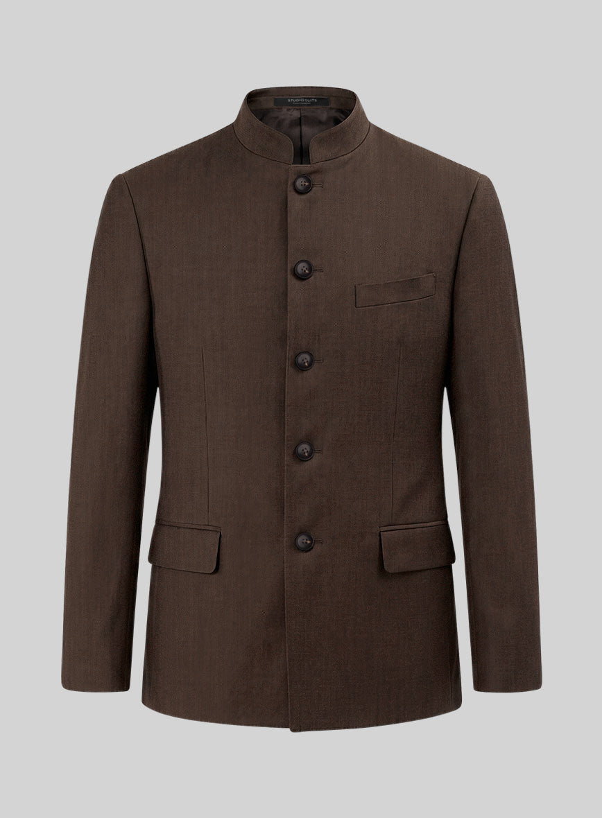 Worsted Brown Wool Nehru Jacket - StudioSuits