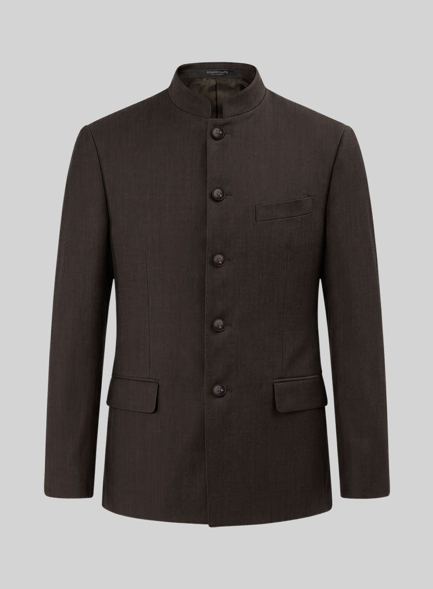 Worsted Dark Brown Wool Nehru Jacket - StudioSuits