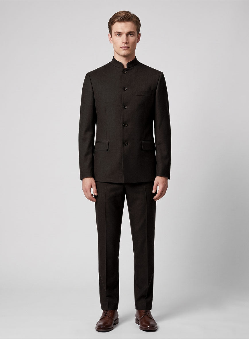 Worsted Dark Brown Wool Nehru Jacket - StudioSuits