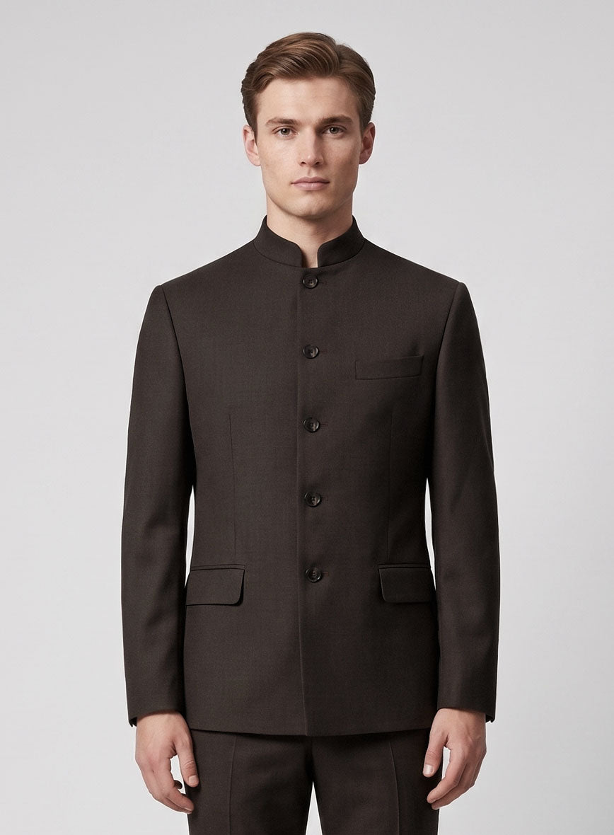 Worsted Dark Brown Wool Nehru Jacket - StudioSuits