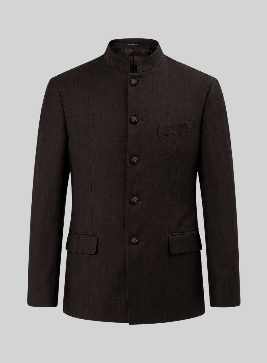 Worsted Dark Brown Wool Nehru Jacket - StudioSuits