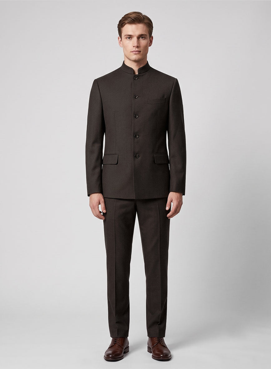 Worsted Dark Brown Wool Nehru Jacket - StudioSuits