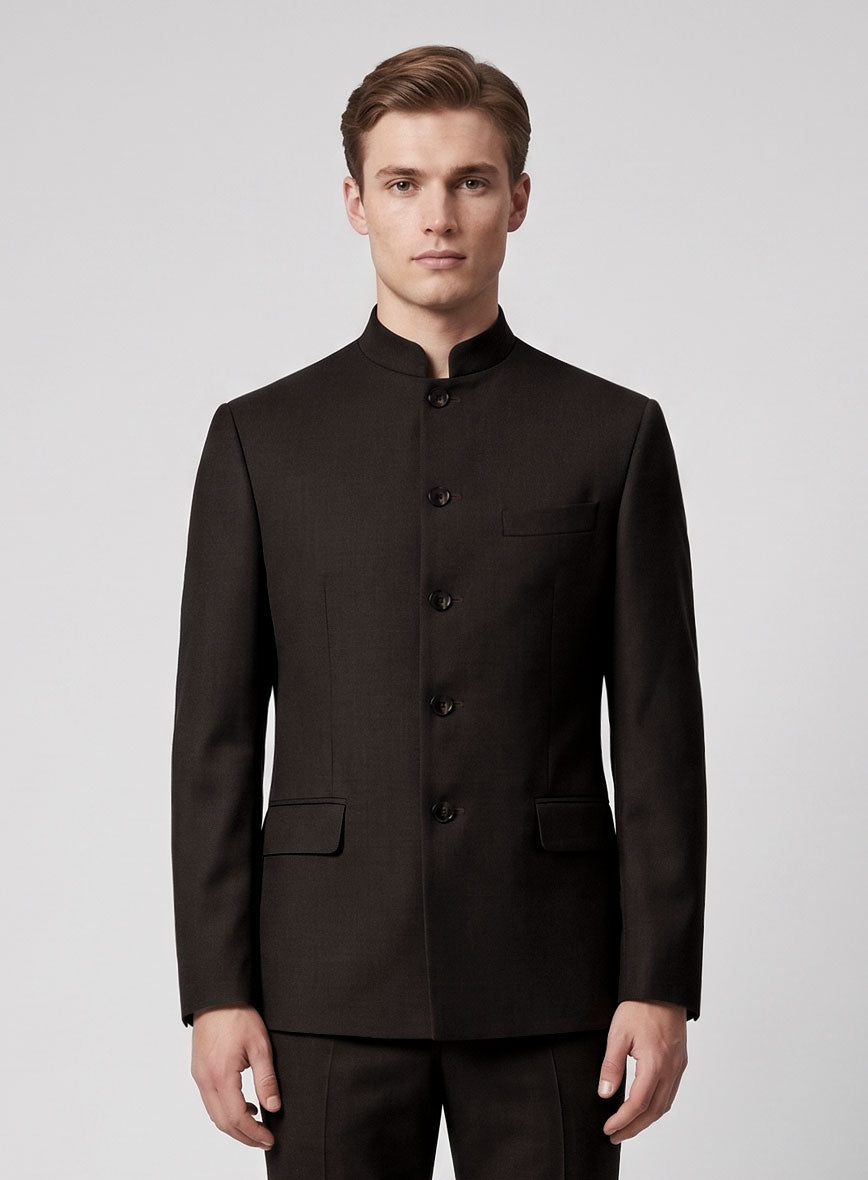 Worsted Dark Brown Wool Nehru Jacket - StudioSuits