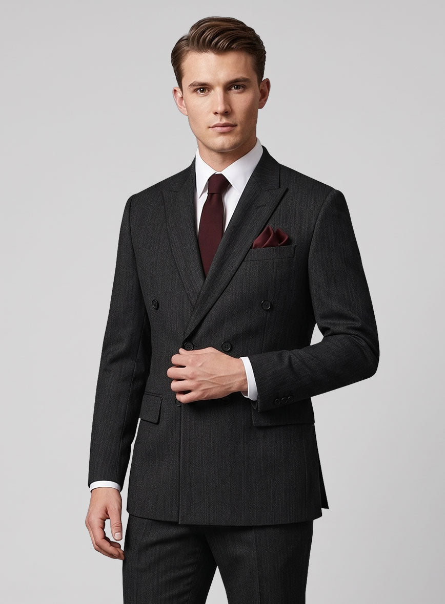 Worsted Dark Charcoal Wool Double Breasted Jacket - StudioSuits