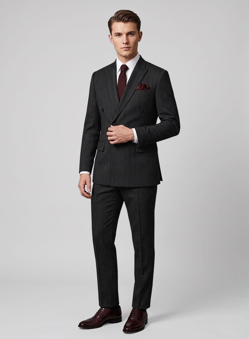 Worsted Dark Charcoal Wool Double Breasted Suit - StudioSuits
