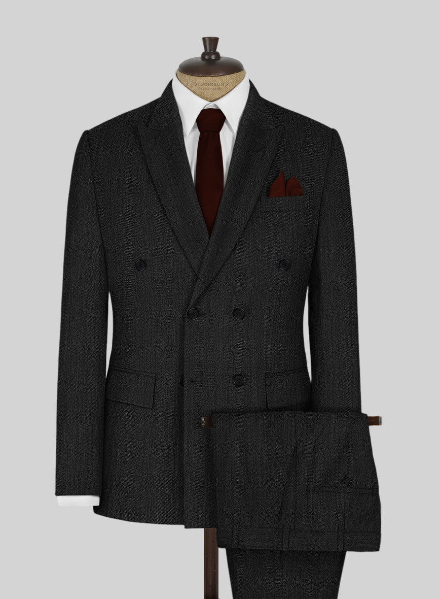 Worsted Dark Charcoal Wool Double Breasted Suit - StudioSuits