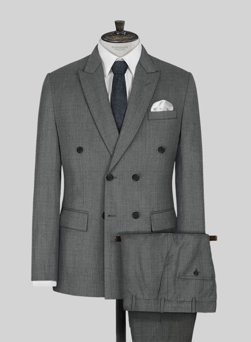 Worsted Mid Charcoal Wool Double Breasted Suit - StudioSuits