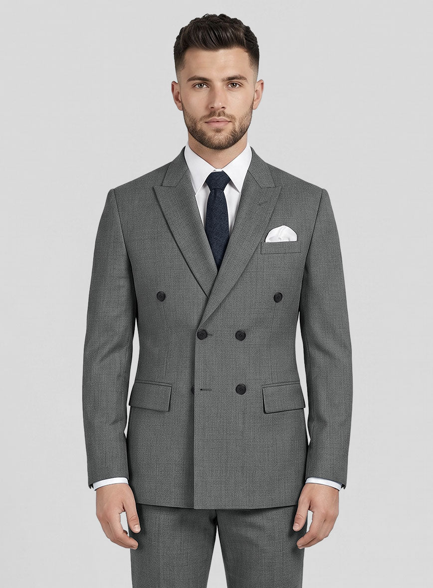 Worsted Mid Charcoal Wool Double Breasted Jacket - StudioSuits