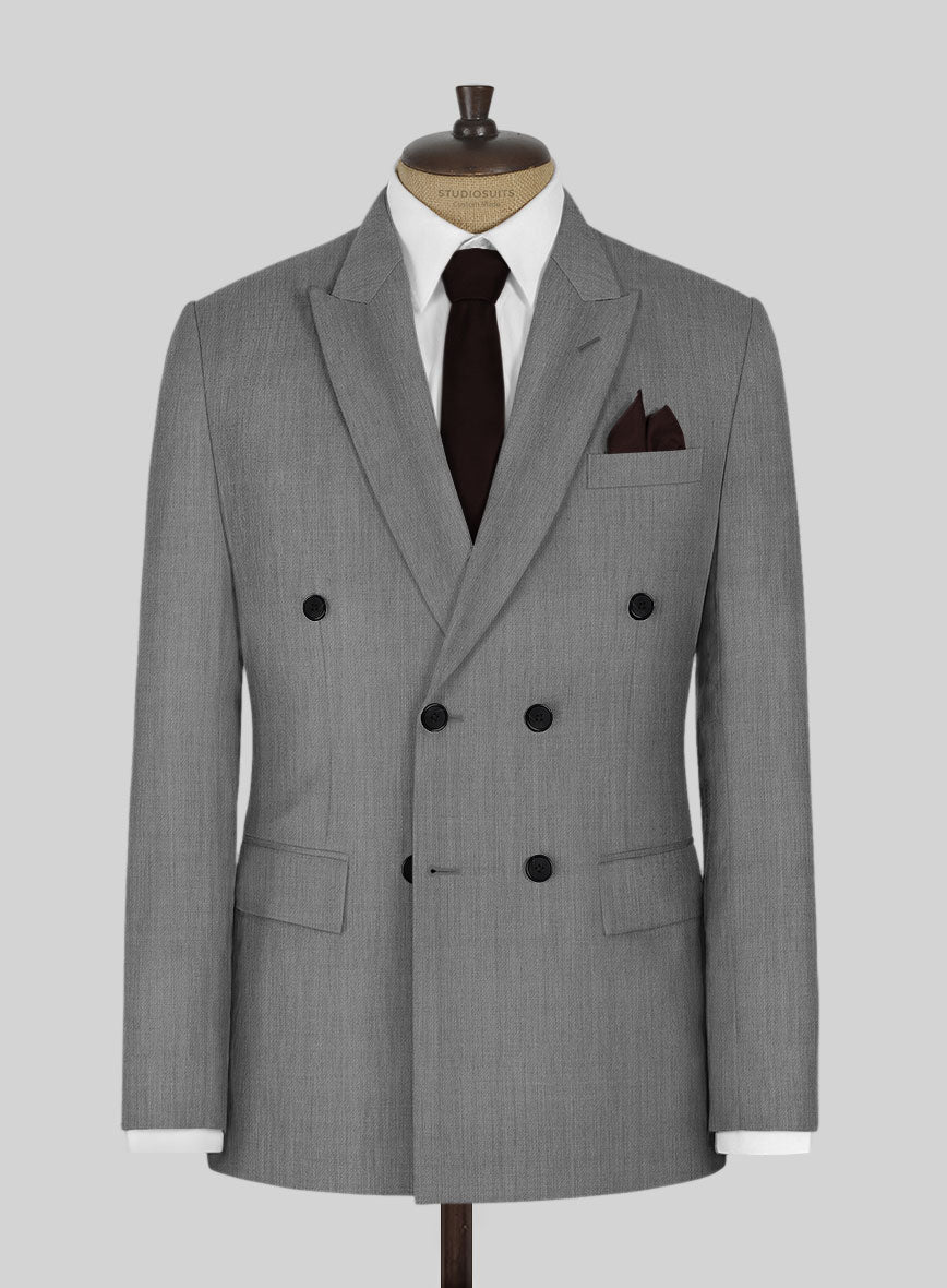 Worsted Light Gray Wool Double Breasted Jacket - StudioSuits