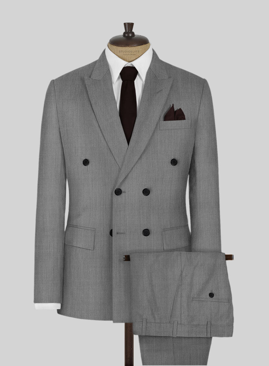 Worsted Light Gray Wool Double Breasted Suit - StudioSuits