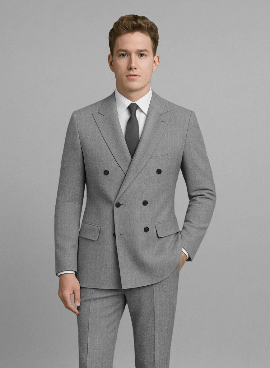 Worsted Light Gray Wool Double Breasted Suit - StudioSuits