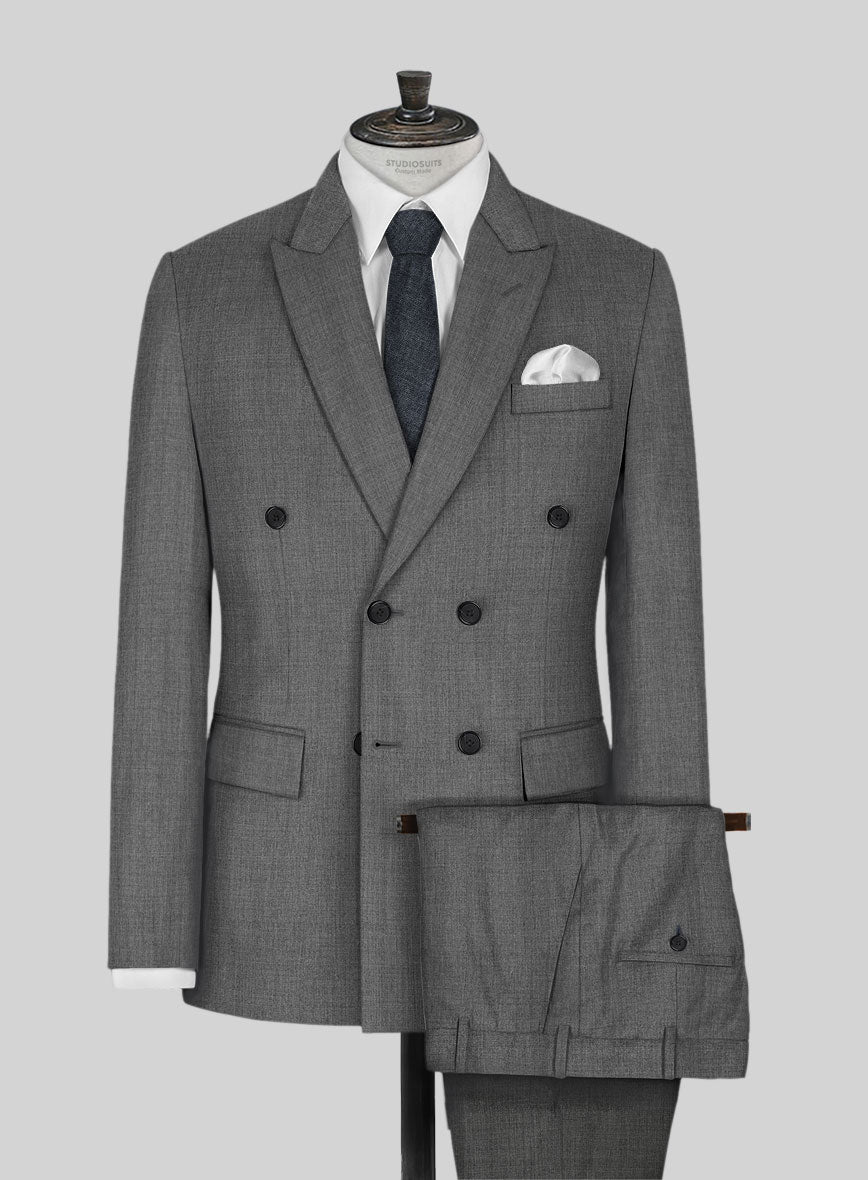 Worsted Mid Charcoal Wool Double Breasted Suit - StudioSuits