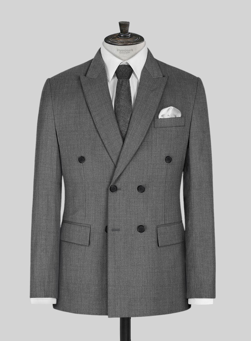 Worsted Mid Charcoal Wool Double Breasted Suit - StudioSuits