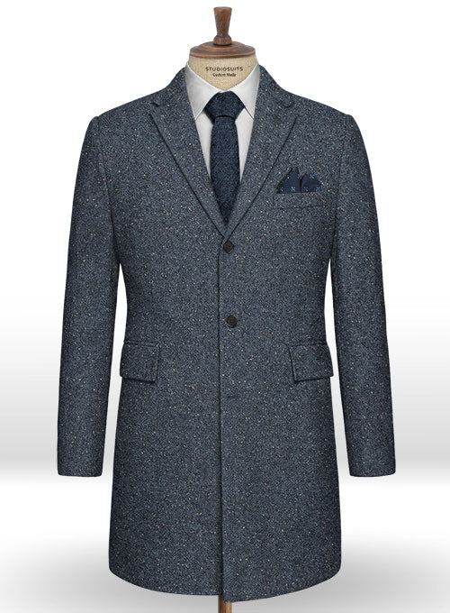 Arc Blue Herringbone Flecks Donegal Tweed Overcoat - StudioSuits