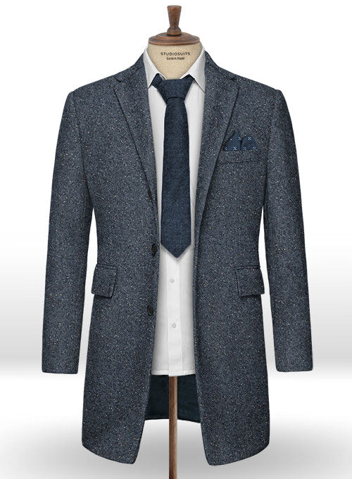 Arc Blue Herringbone Flecks Donegal Tweed Overcoat - StudioSuits