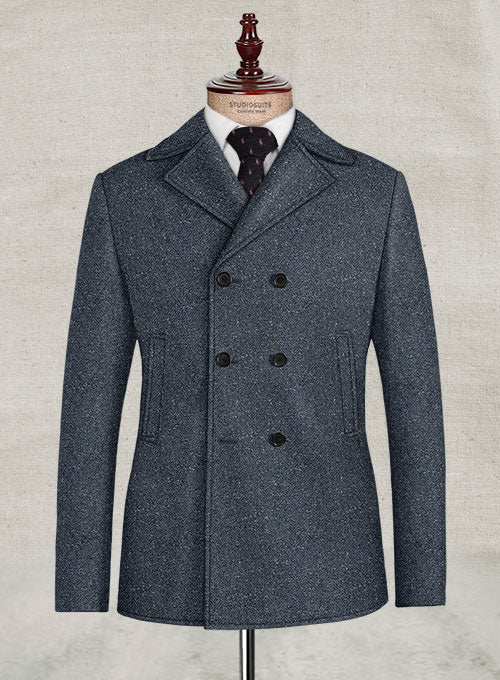 Arc Blue Herringbone Flecks Donegal Tweed Pea Coat - StudioSuits