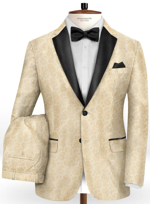 Big Paisley Beige Wool Tuxedo Suit - StudioSuits