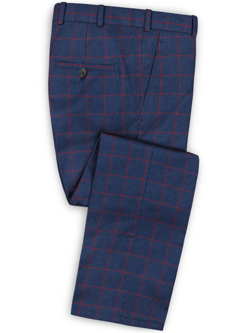 Blue Red Windowpane Flannel Wool Pants - StudioSuits