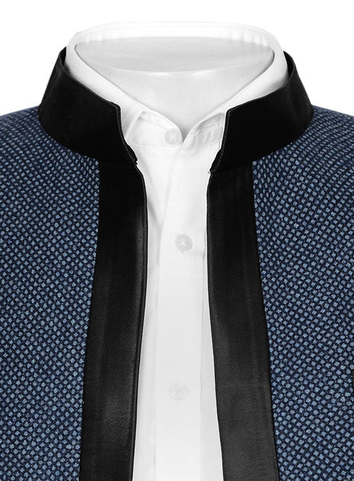 Blue Honey Comb Tweed Nehru Tuxedo Jacket - StudioSuits