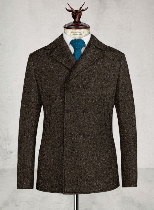 Brown Flecks Donegal Tweed Pea Coat - StudioSuits