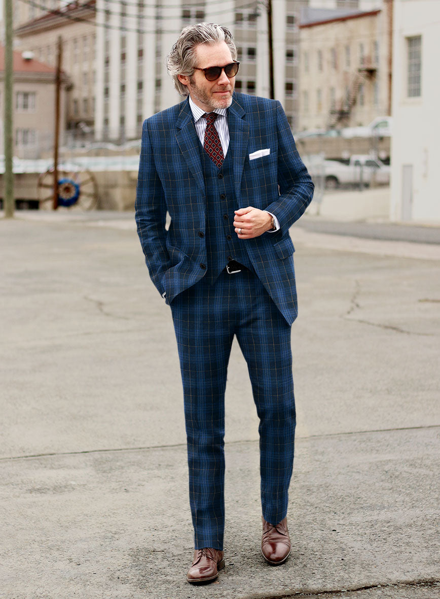 Campari Jet Blue Checks Linen Suit - StudioSuits