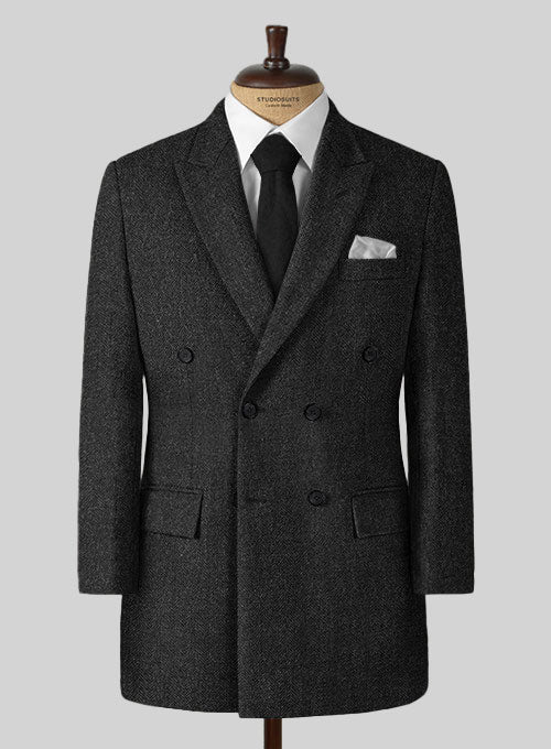 Charcoal Herringbone Tweed Double Breasted Overcoat - StudioSuits