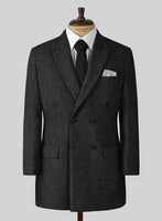 Charcoal Herringbone Tweed Double Breasted Overcoat - StudioSuits